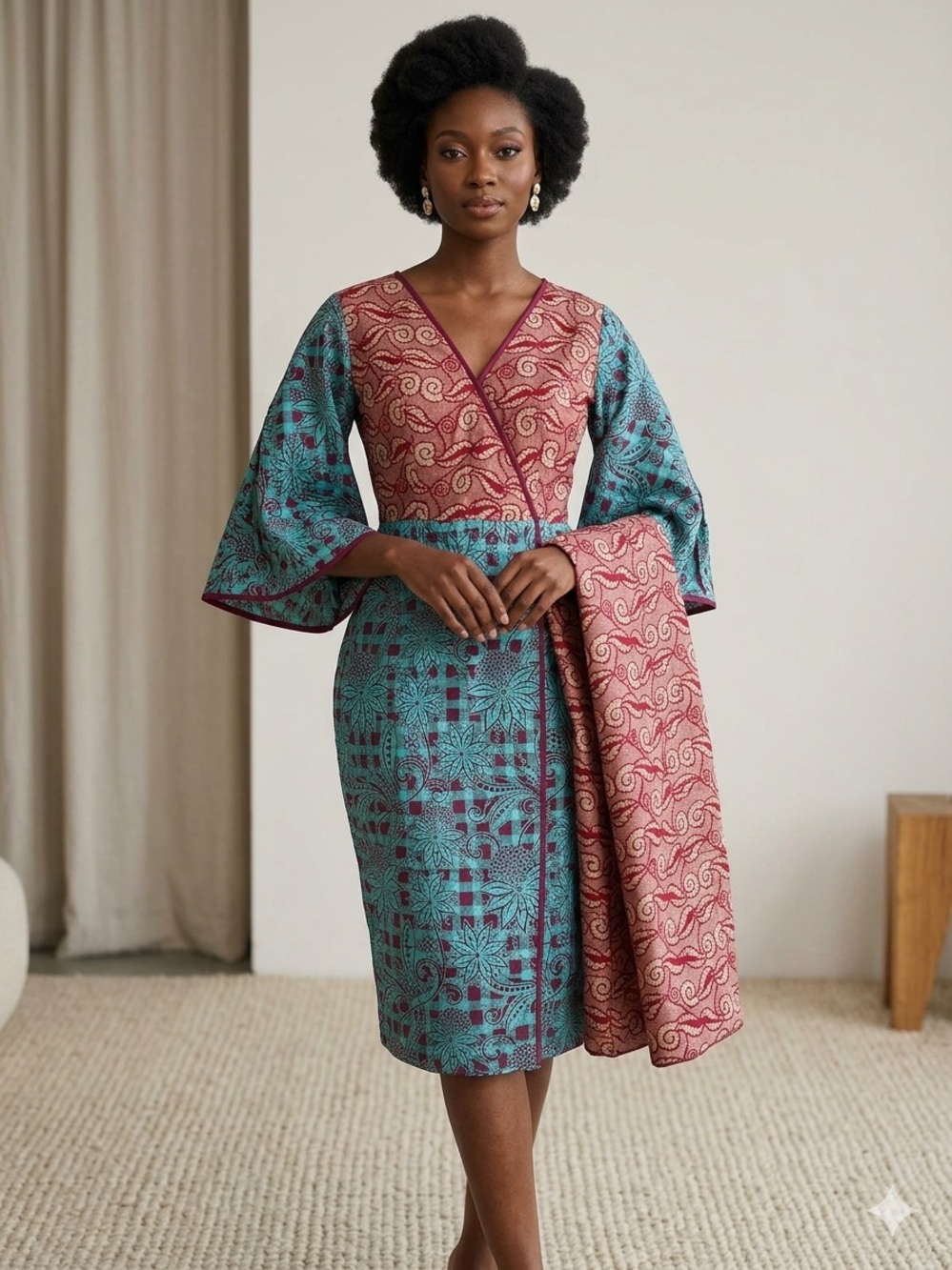 Two-Tone Wrap-Style Print Dress in Teal and Dusty Rose